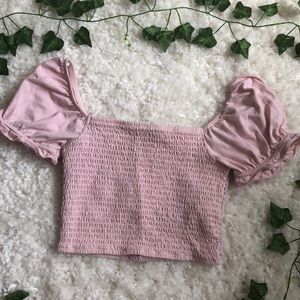 Forever 21 Pink Puffy Sleeve Shirred Crop Top
